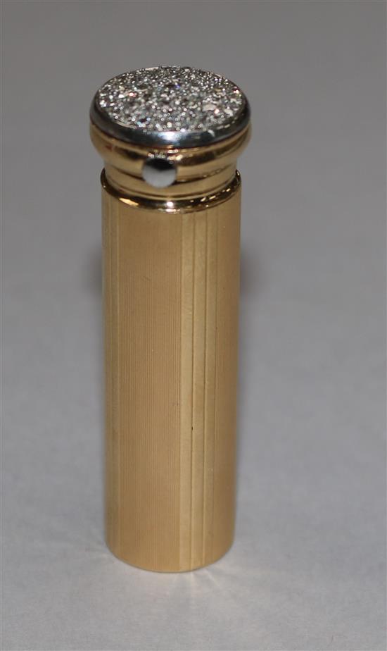 A 1940s French 18ct gold and diamond set cylindrical scent flask/timepiece, numbered 51987, 56mm